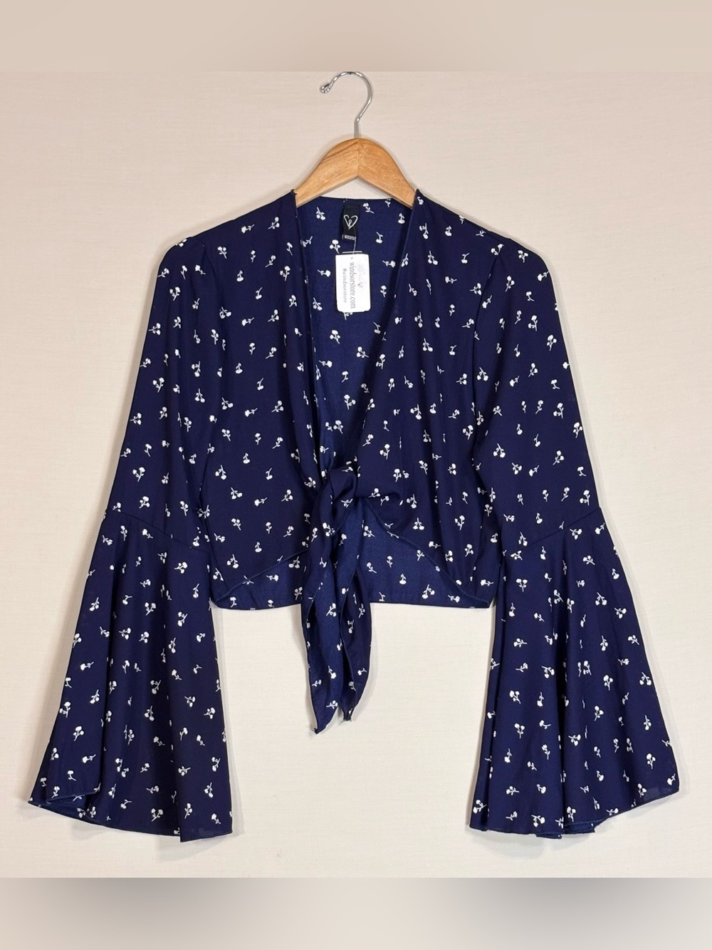 Windsor Floral Tie Front Bell Sleeve Crop Top Navy Cottagecore Medium